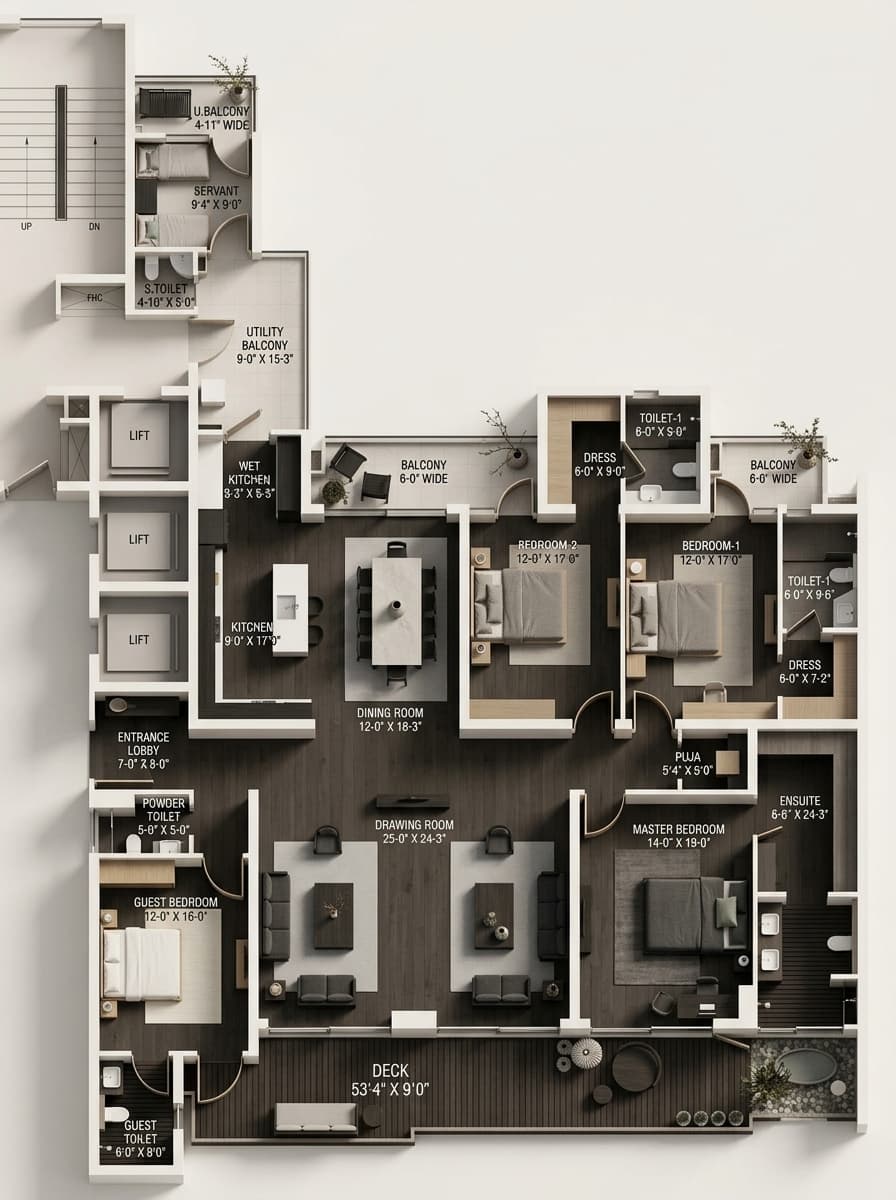 After: Floor plan → Japandi 3D render — present three style directions in your first client meeting