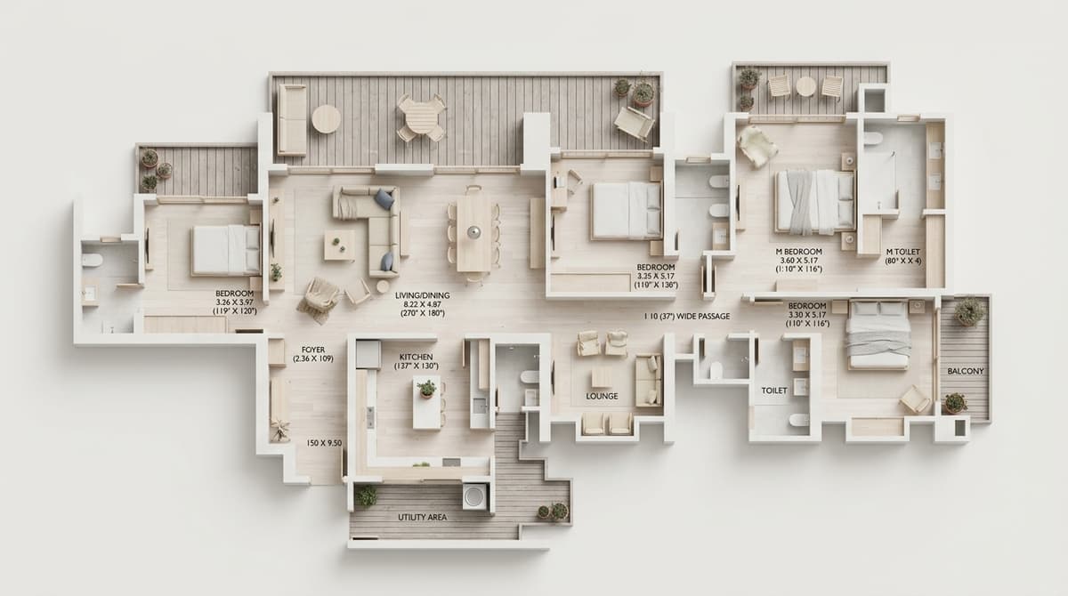After: 2D property floor plan converted to 3D isometric render