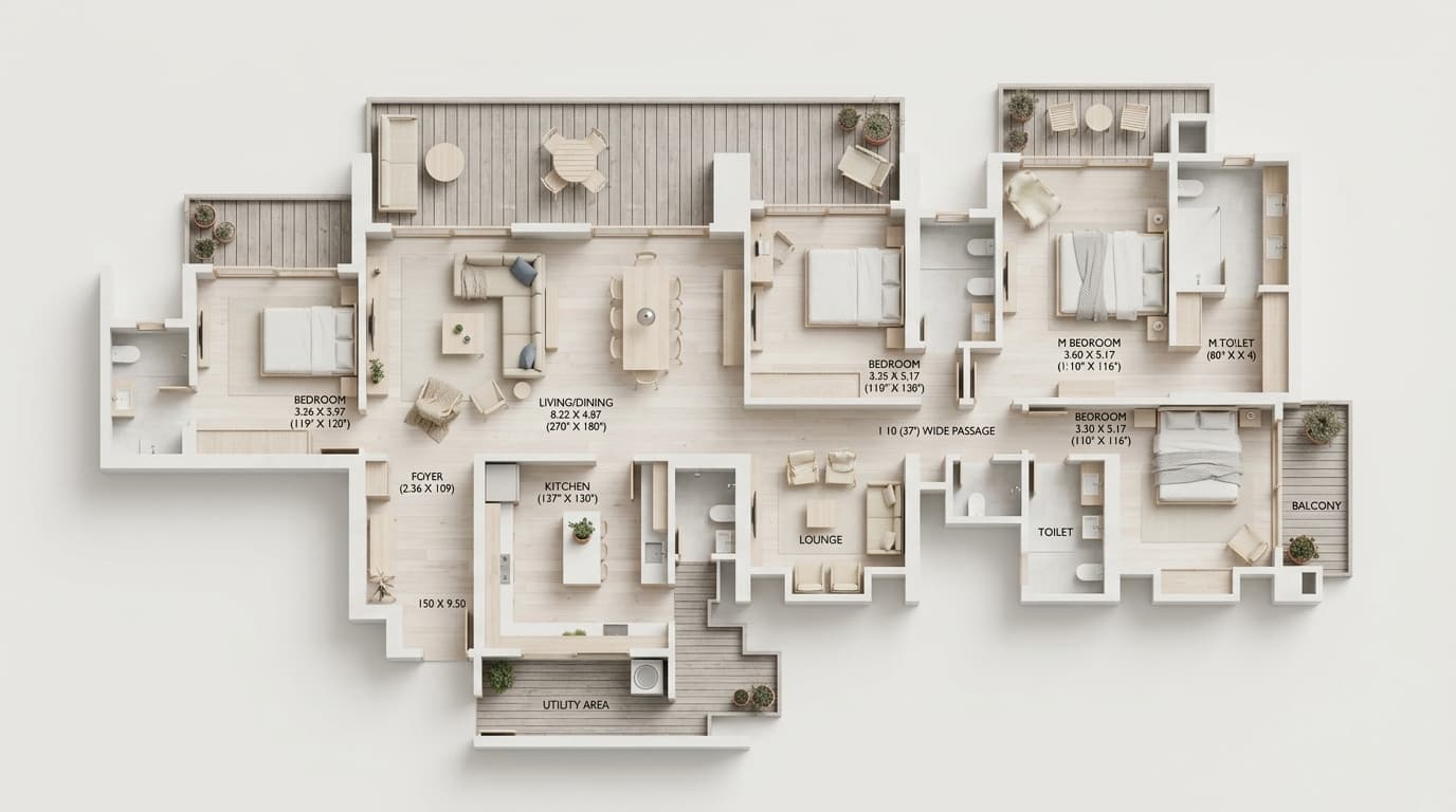 After: Luxury apartment floor plan → neutral 3D isometric render for MLS