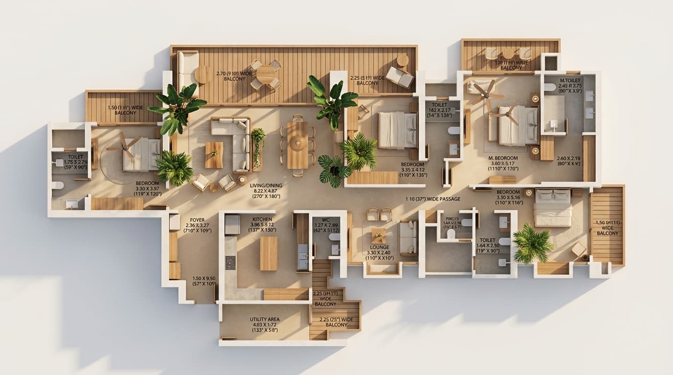 After: Same floor plan → Tropical Modern styled render for holiday home marketing