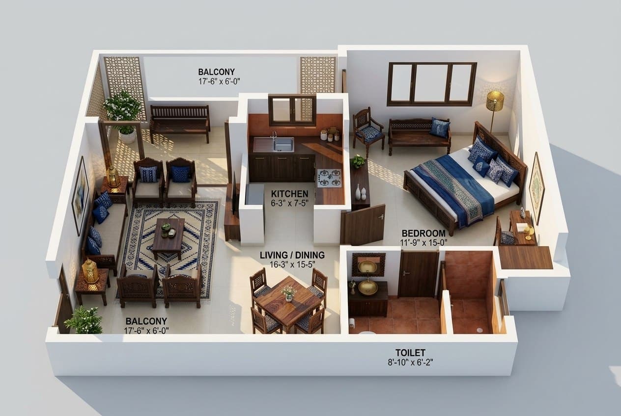 After: 1-bed apartment floor plan → Indian Modern 3D isometric render